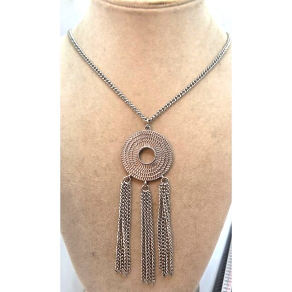 Silver-Tone Circular Pendant Necklace With Chain Tassels - Picture 1 of 3